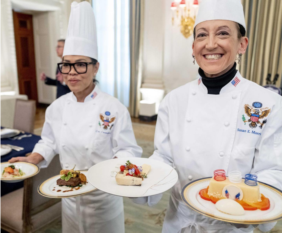 White House chefs present dishes for presidential menu, including cheese.